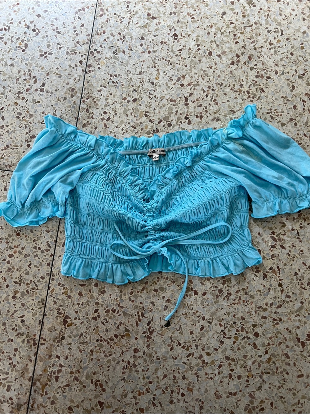 Smocked Turquoise Off-Shoulder Tie-Front Crop Top